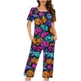 thumbnail image 2 of JOANKDMI 2 Piece Set Women Pajamas Vibrant Jack-o-Lantern Pattern Spooky Chic Short Sleeve and Capri Pants Sleepwear for Halloween Dress Up Party and Cozy Indoor Festivities, S-3XL, 2 of 6