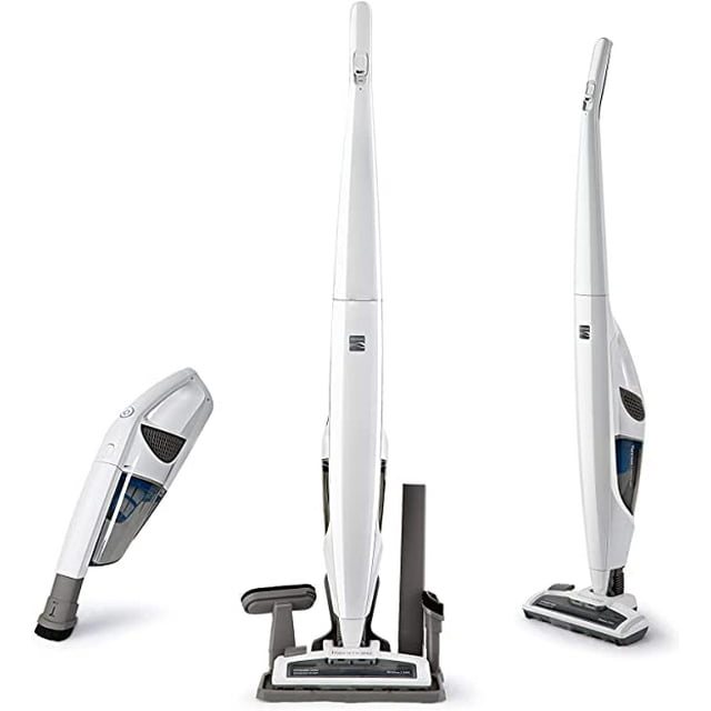 Kenmore DS1030 Cordless Stick Vacuum Lightweight Cleaner in white, featuring a 2-speed power suction system and LED headlight. The image shows the vacuum in three configurations: as a full stick vacuum, a detachable handheld vacuum, and with included accessories such as a crevice tool and dusting brush. Designed for hardwood floors, carpets, and pet hair, it offers up to 45 minutes of runtime in Eco Mode and includes swivel steering for easy maneuverability.