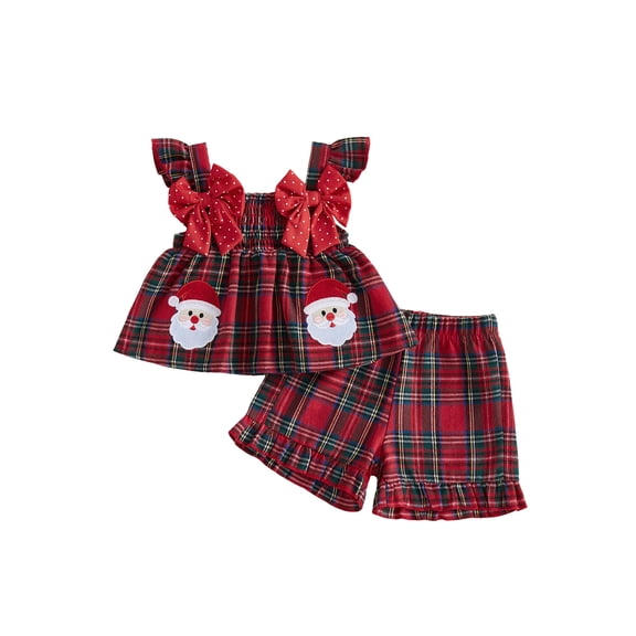RUINIXCW Toddler Baby Girl Christmas Outfit Infant Baby Girls Xma Clothes Deer Santa Gingerbread Embroidery Fly Sleeve Plaid Smocked Tops Shorts Set