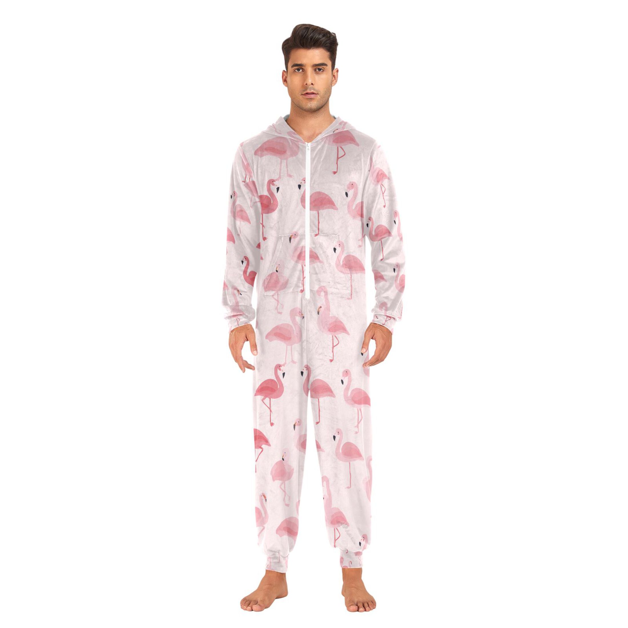 Adult Christmas Onesie Pink Flamingo Adult Zipper One-Piece Pajamas Unisex Pajamas with Pockets