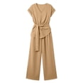 thumbnail image 4 of Women's 2 Piece Outfits Short Sleeve V Neck Top Wide Leg Pant Business Suit Set Dressy Pantsuits Summer Belted Top Loose Matching Set, 4 of 7