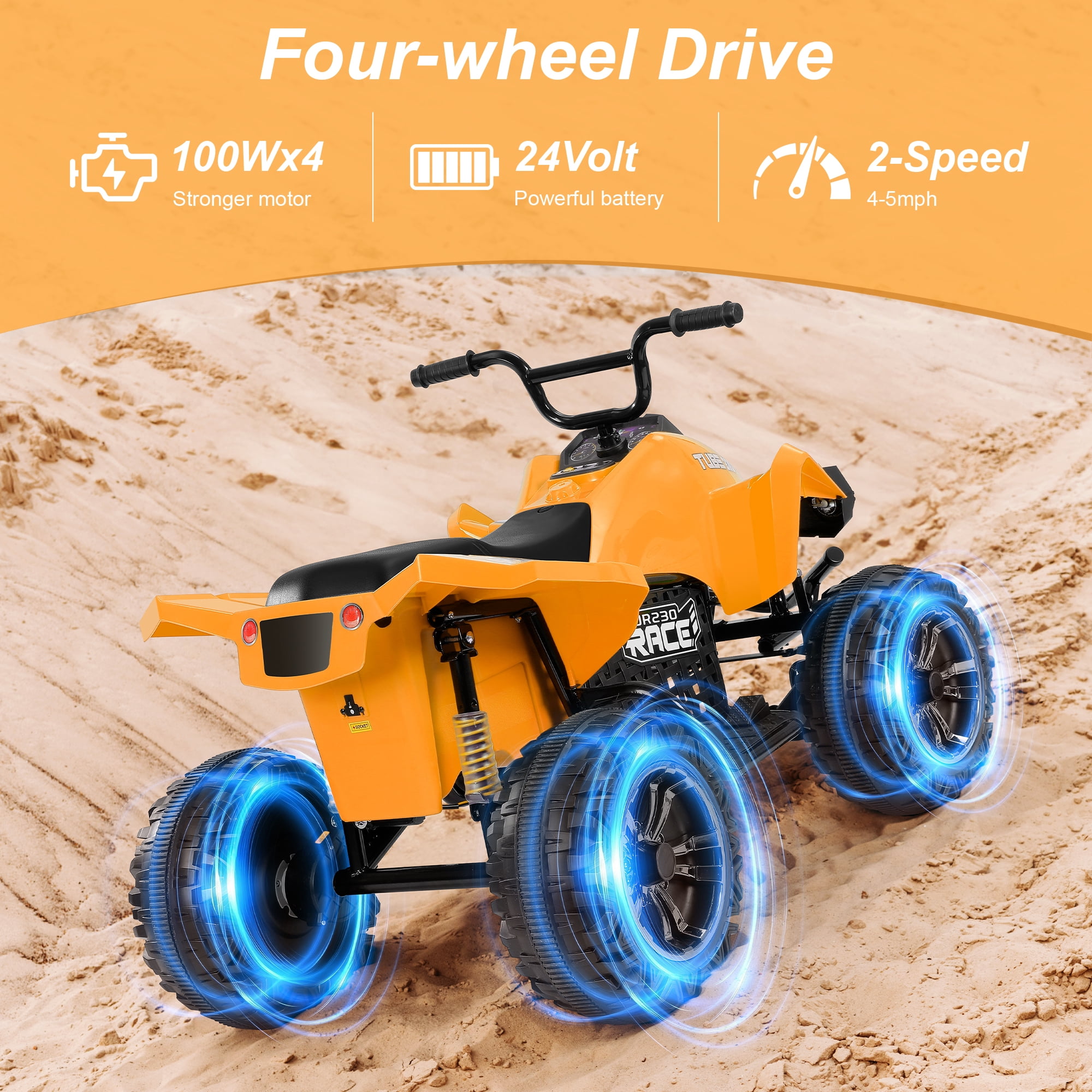 Neche 24V 2 Seater Ride on Toy, 4*200W Motors,9AH Battery Powered ,4-Wheeler Kids ATV with Bluetooth & LED lights, for Ages 3-8,Orange