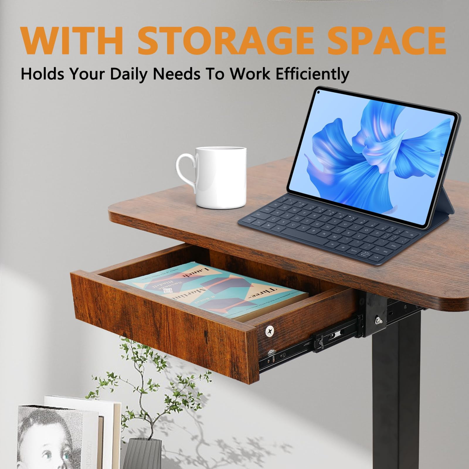 CLATINA Mobile Laptop Standing Desk, Height Adjustable Teacher Podium with Lockable Wheels, Adjustable Work Table with Drawer, Computer Cart Overbed Table for Home Office Classroom, Brown