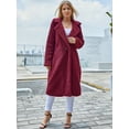 thumbnail image 2 of EILLY BAZAR Burgundy Fuzzy Fleece Lapel Button Open Front Long Cardigan Coat Faux Fur Warm Winter Outwear Teddy Jackets for Women XS, 2 of 4