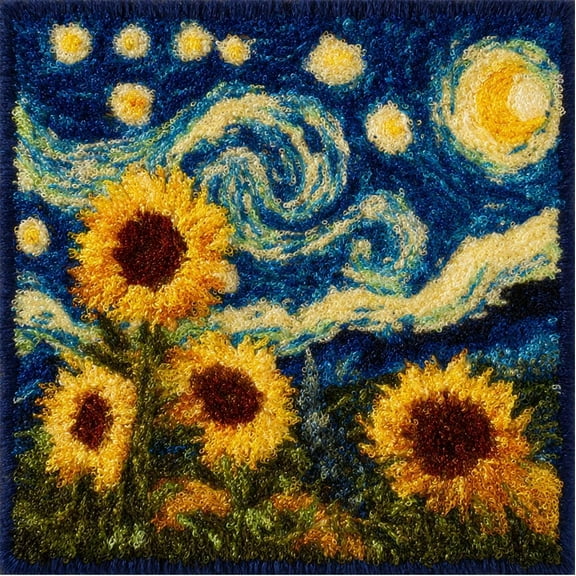 Latch Hook Kits Pillow Sunflowers Under The Starry Sky Crochet Yarn Cushion Colour Pre-Printed Canvas Rug Needlework Diy Pillowcase Hook And Latch Kit Christmas Home Arts Crafts Sofa Decorat