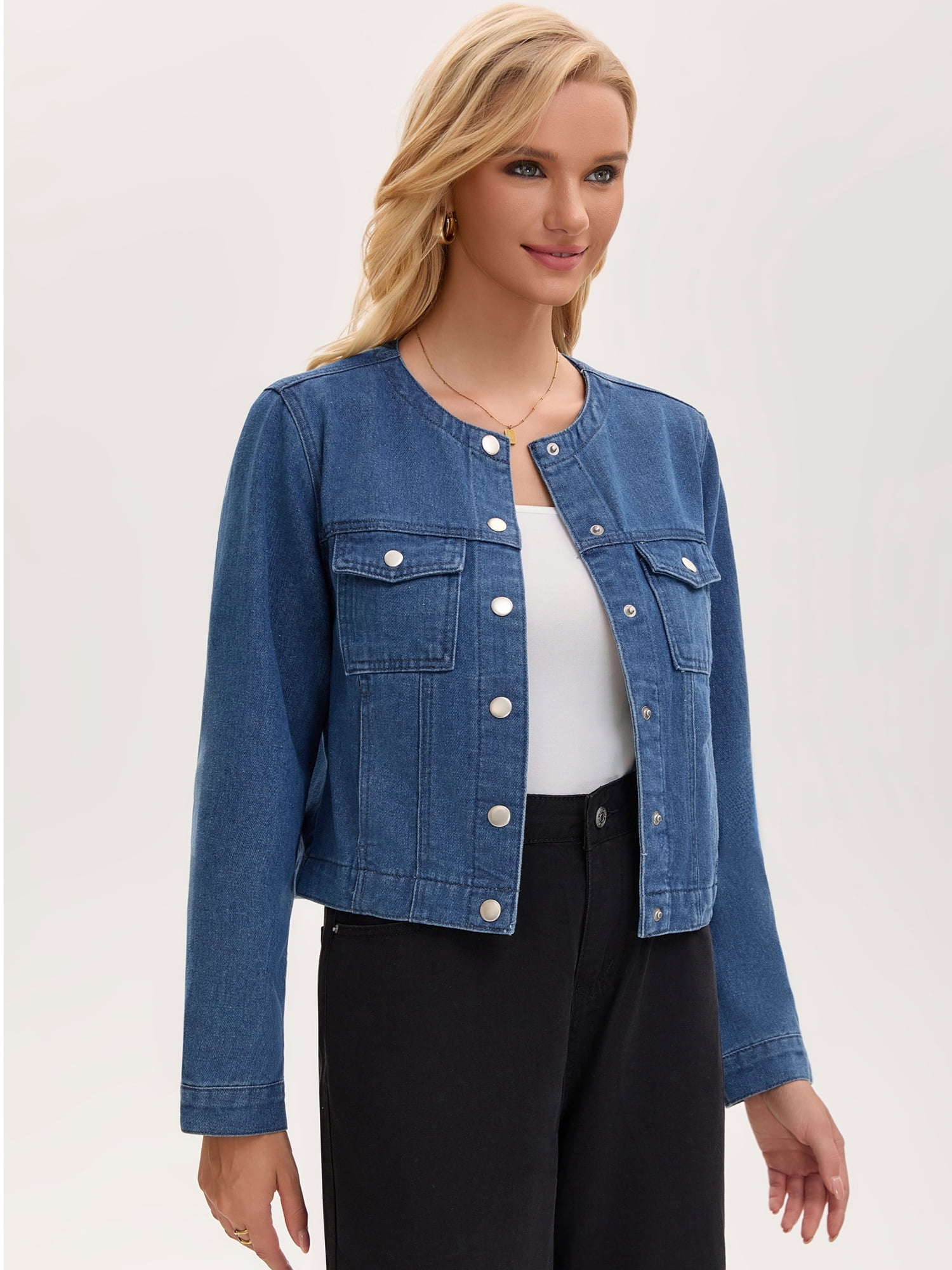 DARING DIVA Women's Collarless Long Sleeve Button Down Casual Denim Jacket XL Blue