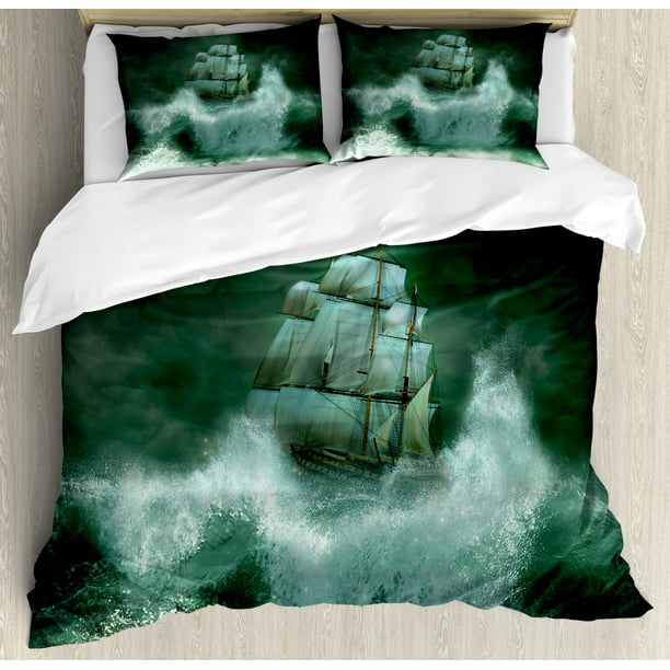 Pirate Ship Duvet Cover Set Queen Size, Old Ship in Thunderstorm Digital  Artwork Fantasy Adventure, Decorative 3 Piece Bedding Set with 2 Pillow 