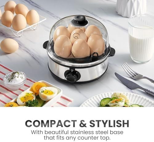 EGC724SS Easy Electric Poacher, Omelet Eggs & Soft, Medium, Hard-Boiled Egg Boiler Cooker with Auto Shut-Off and Buzzer, Measuring Cup Included, BPA Free, 7, Stainless Steel