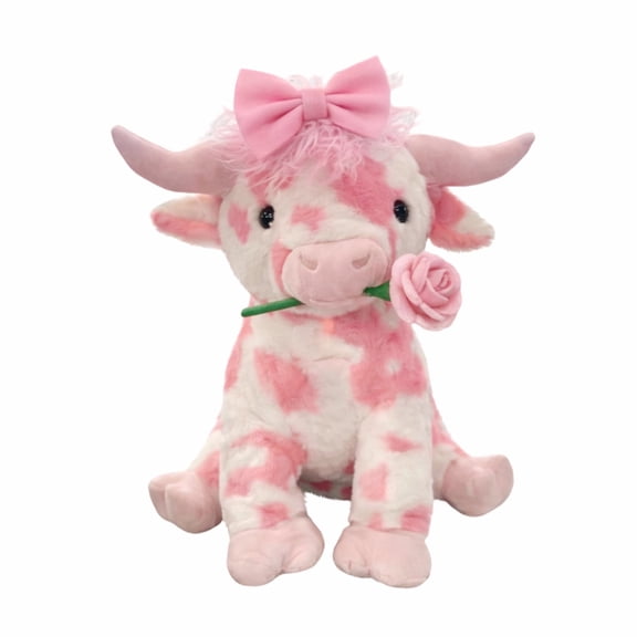 Valentine's Day Pink Highland Cow Plush Toy - with Bow& Rose, Valentines Fluffy Cow Doll, Valentine's Day Birthday Gifts