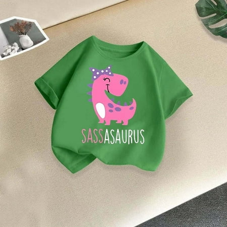 BLTIBY 2025 Girls Boys Summer Short Sleeve Top Child Kid Round Neck Printed Cotton Shirts Infant Toddler Fashion Casual Loose Pullover Blouse Green 10-12 Years