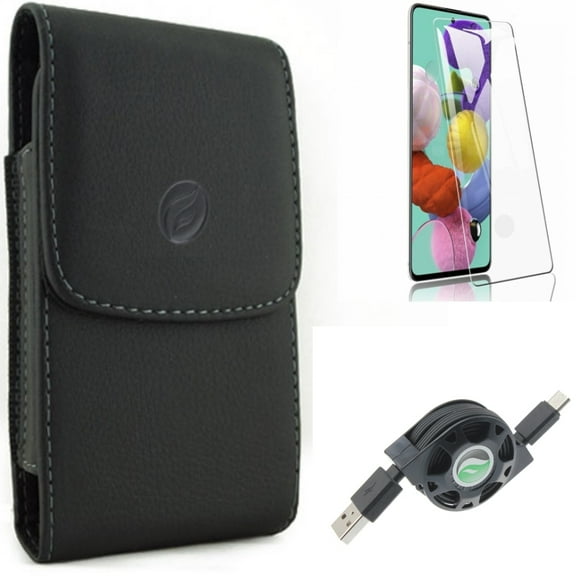 Screen Protector w Case Belt Clip w USB Cable for Samsung Galaxy S20 - Tempered Glass [Fingerprint Unlock], Leather Holster, Retractable Type-C L6Y fits Samsung Galaxy S20 Model