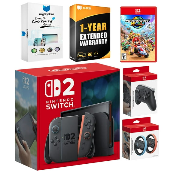 Nintendo Switch 2 Console with Mario Kart World, Pro Controller, Joy Con Wheel, MightySkins Code and 1 CPS Year Extended Warranty