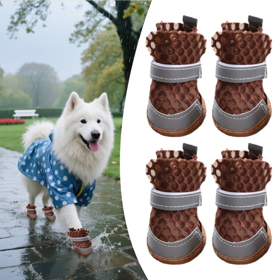 GASTROPOD 4Pcs Dog Booties,Dog Paw Protector with Reflective Strips,Dog Shoes for Hot Pavement for Hardwood Floors,Coffee