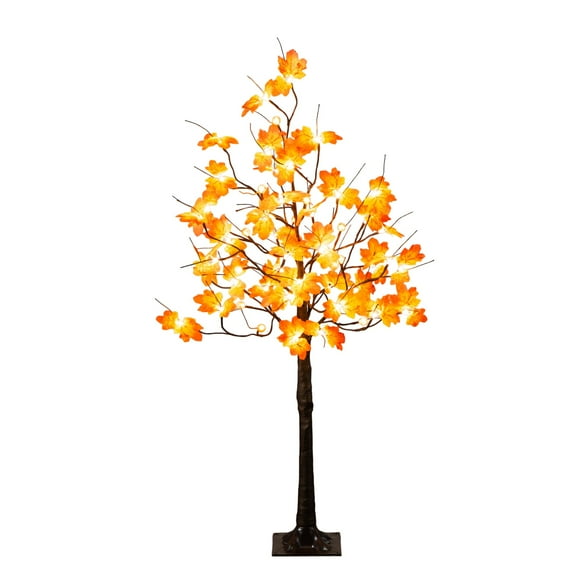 Nearly Natural 4ft. Pre-Lit Minimalist Autumn Maple Artificial Fall Tree with 56 LED Warm White & Orange Pumpkin Shaped Lights