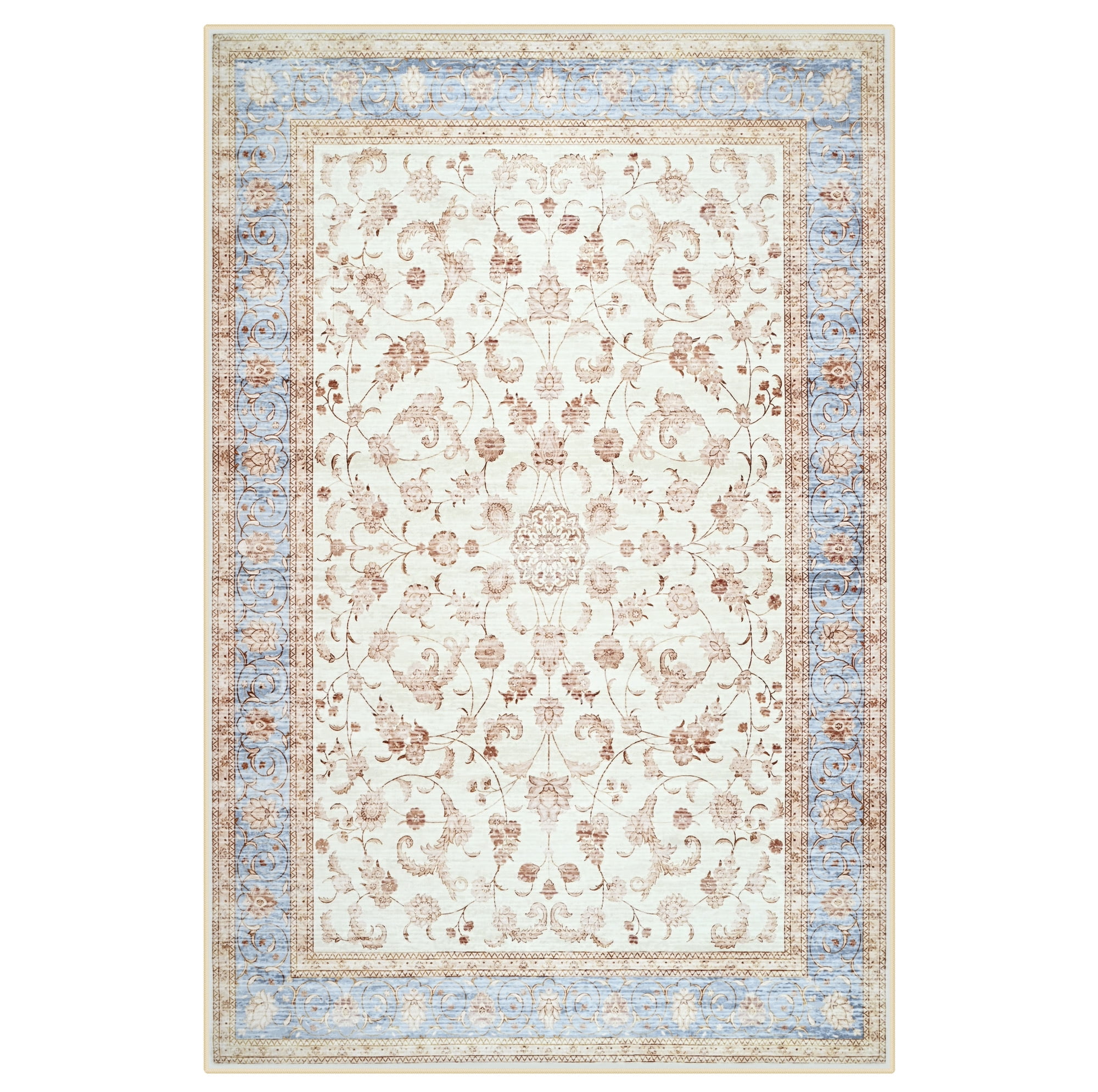 Wondo 4x6 Ft Beige Floral Area Rug - Machine Washable Low Pile Non-Slip Carpet, Boho Vintage Farmhouse Decor for Living Room, Bedroom, Nursery & Office