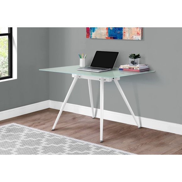Monarch Specialties I 1032 Computer Desk, Home Office, Laptop, 48"l, Work, Metal, Tempered Glass, White, Contemporary, Modern