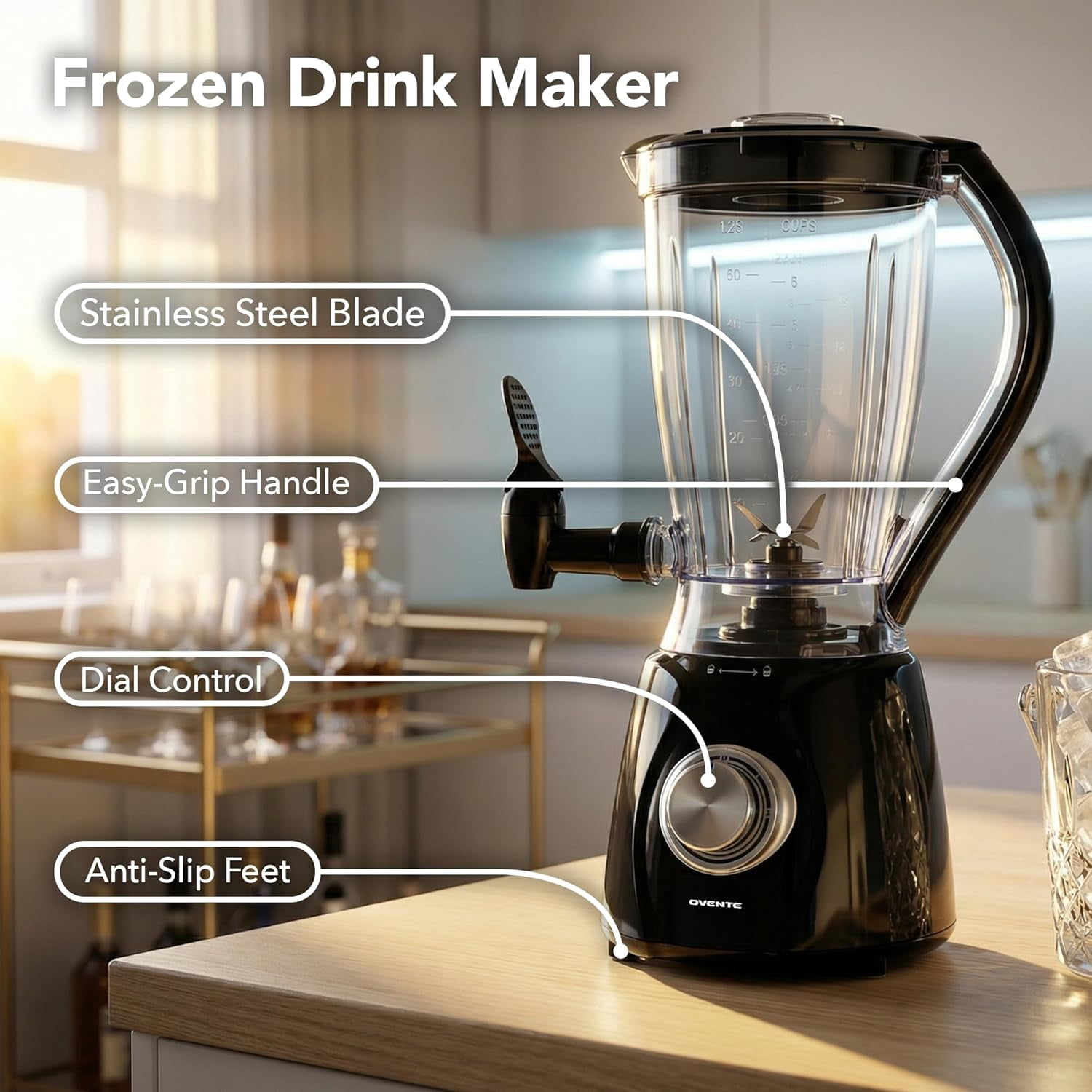 OVENTE Margarita Machine and Frozen Drink Maker with 350W Power, Easy Spout Dispenser, Stainless Steel Blade, 48-Ounce Electric Blender for Smoothies, Margaritas, Daiquiris and Slushies, Black BPM12B