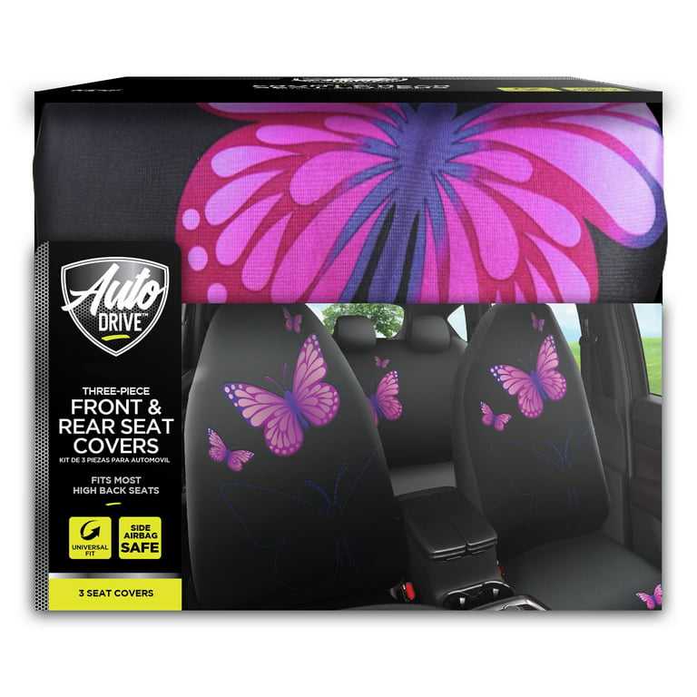 Auto Drive 3 Piece Black Pink Butterfly Polyester Car Seat Covers for High  Back Seats, 0101510AD 