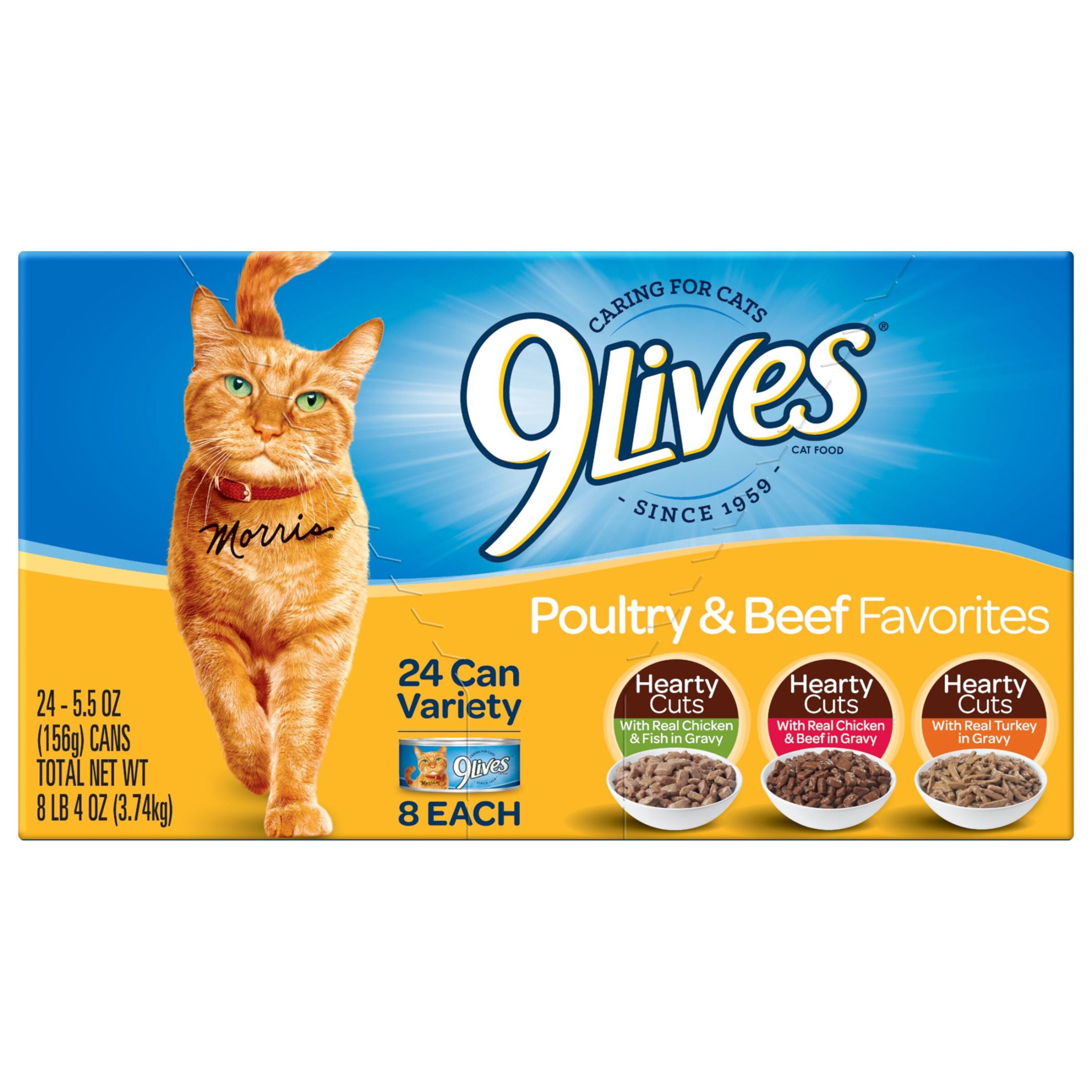 (3 pack) 9Lives Poultry and Beef Favorites Variety Pack Wet Cat Food, 5.5-Ounce Can, 24 Count