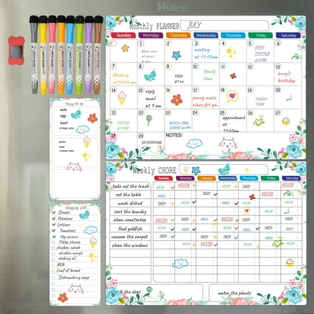 Magnetic Dry Erase Calendar Bundle for Fridge: 4 Boards Included - Monthly, Weekly, Daily Calendar Whiteboard 17x12" - 8 Fine Tip Markers and Large Eraser with Magnets, Refrigerator White Board Wall