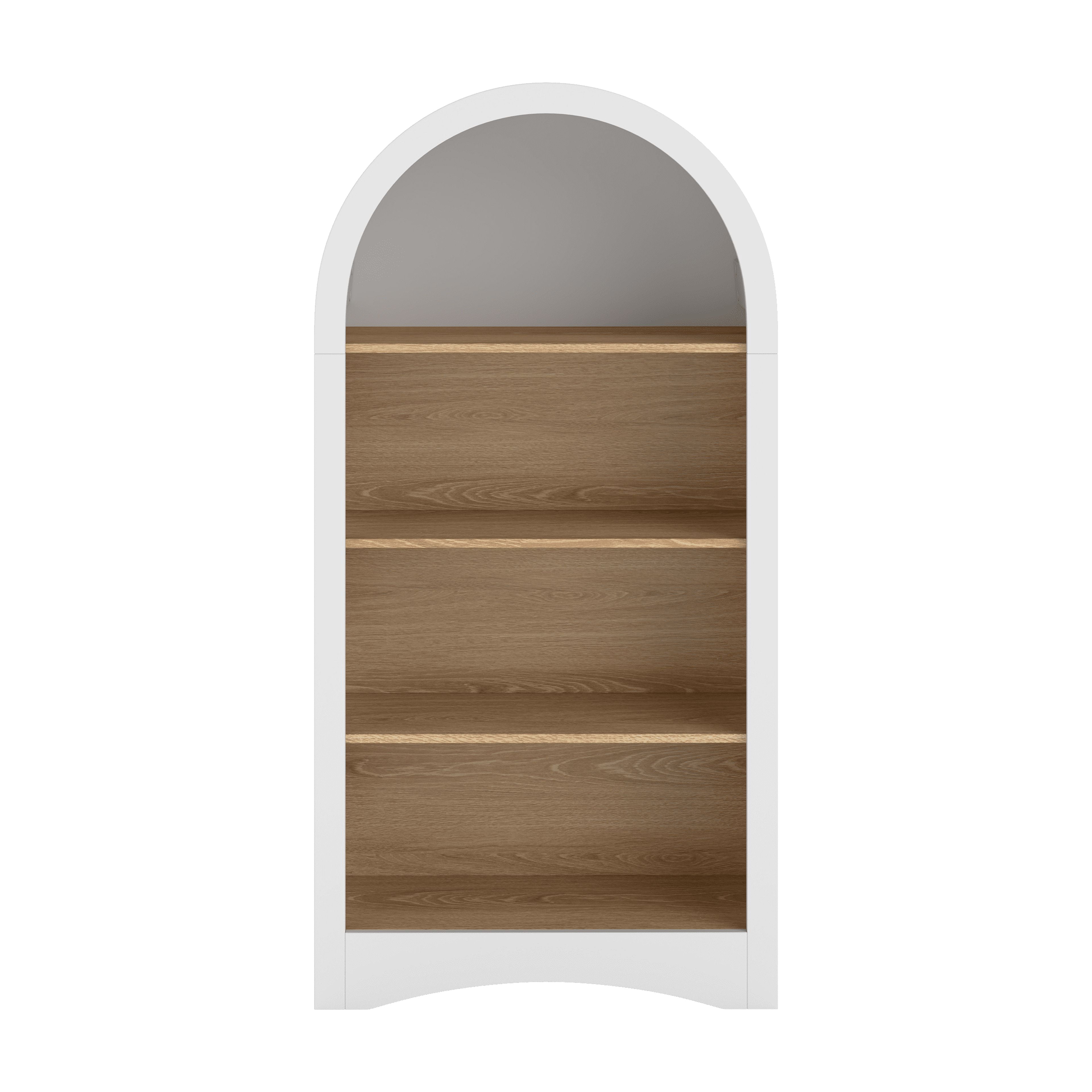 47 Inch Arched Freestanding Display Rack, White Frame 4-Tier Woodgrain Open Storage Shelf, Curved Base Accent Bookcase for Living Room Bedroom Entryway Small Spaces