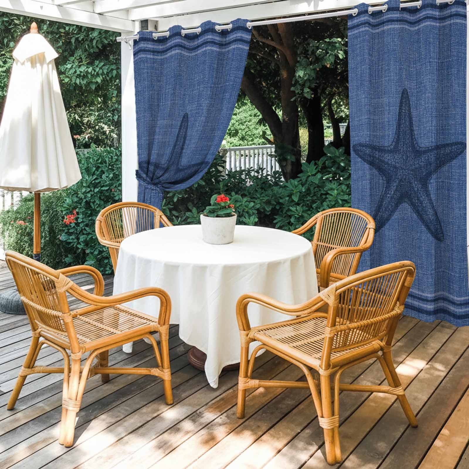 Ocean Starfish Outdoor Curtains for Patio, Nautical Coastal Navy Blue Beach Marine Life Black Stripe Sunshade Privacy Drapes Grommet Waterproof Outside Curtains for Porch Balcony 54"x108", 1 Panel