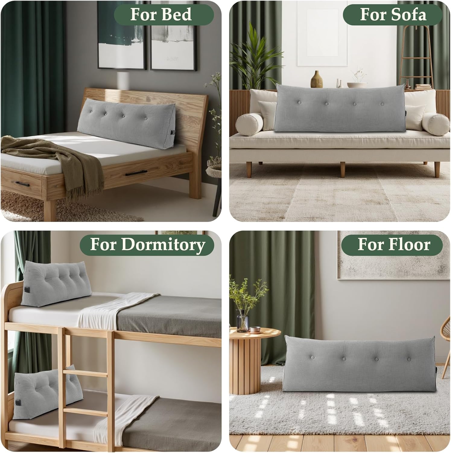 Soft Headboard Pillow Full Size, Wall Backrest Wedge Pillow Headboard Full, Reading Backboard Pillows, Large Dorm Daybed Bolster Pillows for Back Support with Removable Cover, Gray
