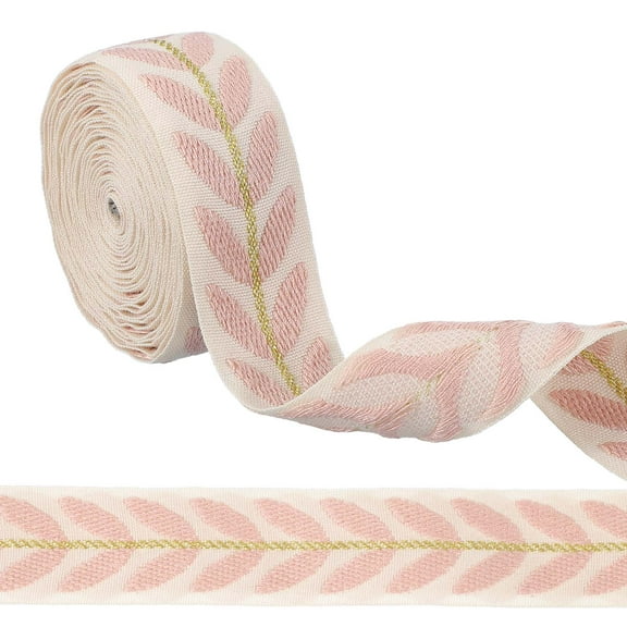 3 Yards Jacquard Ribbon Trim, 0.98 Inch Leaf Pattern Decorative Fabric Woven Embroidery Trim for Sewing Crafts, Light Pink