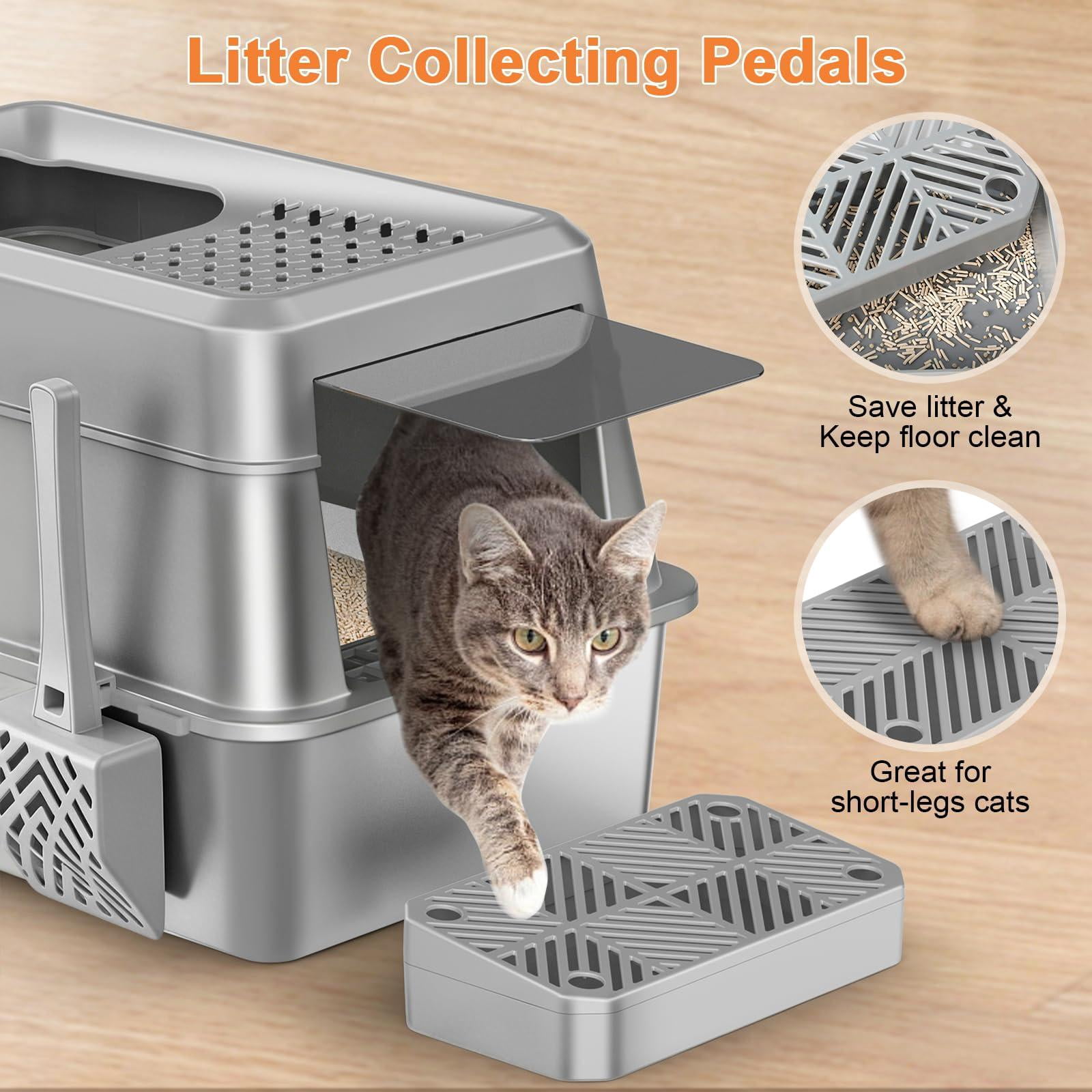 Stainless Steel Cat Litter Box With Lid Extra Large Enclosed Non-sticky Metal Pan High Sided & Scoop  Odor Free Front Top Entry Anti-leakage Easy Cleaning