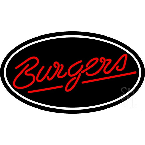 Cursive Burgers Oval LED Neon Sign 20 x 37 - inches, Black Square Cut Acrylic Backing, with Dimmer - Bright and Premium built indoor LED Neon Sign for restaurant window and interior decor.