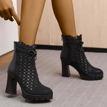 

HUPOM Work Boots For Women Heels High Heel Leather Zip-Up Mid Calf Boots For Women Black 39(US:7)