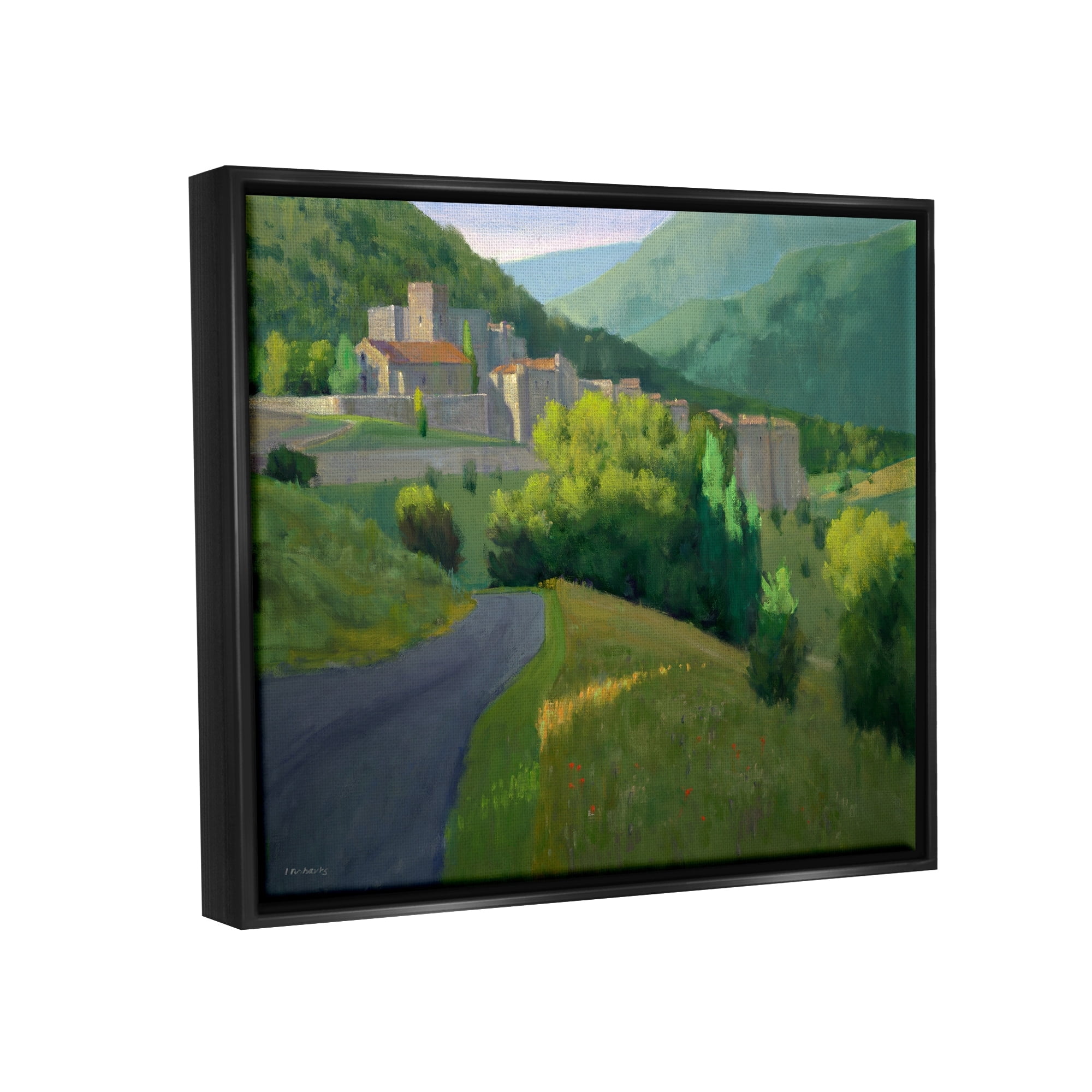 Stupell Industries Winding Road Path Distant Rural Farm Town Graphic Art Jet Black Floating Framed Canvas Print Wall Art, Design by Ian Roberts