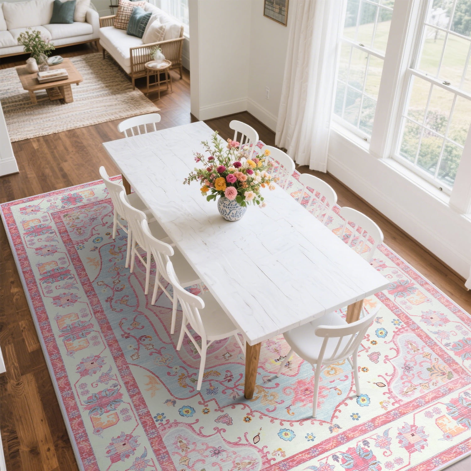 Balacho Pink Persian Medallion Area Rug Floral Pattern Low-Pile Carpet for Bohemian Living Room, 5' x 8'