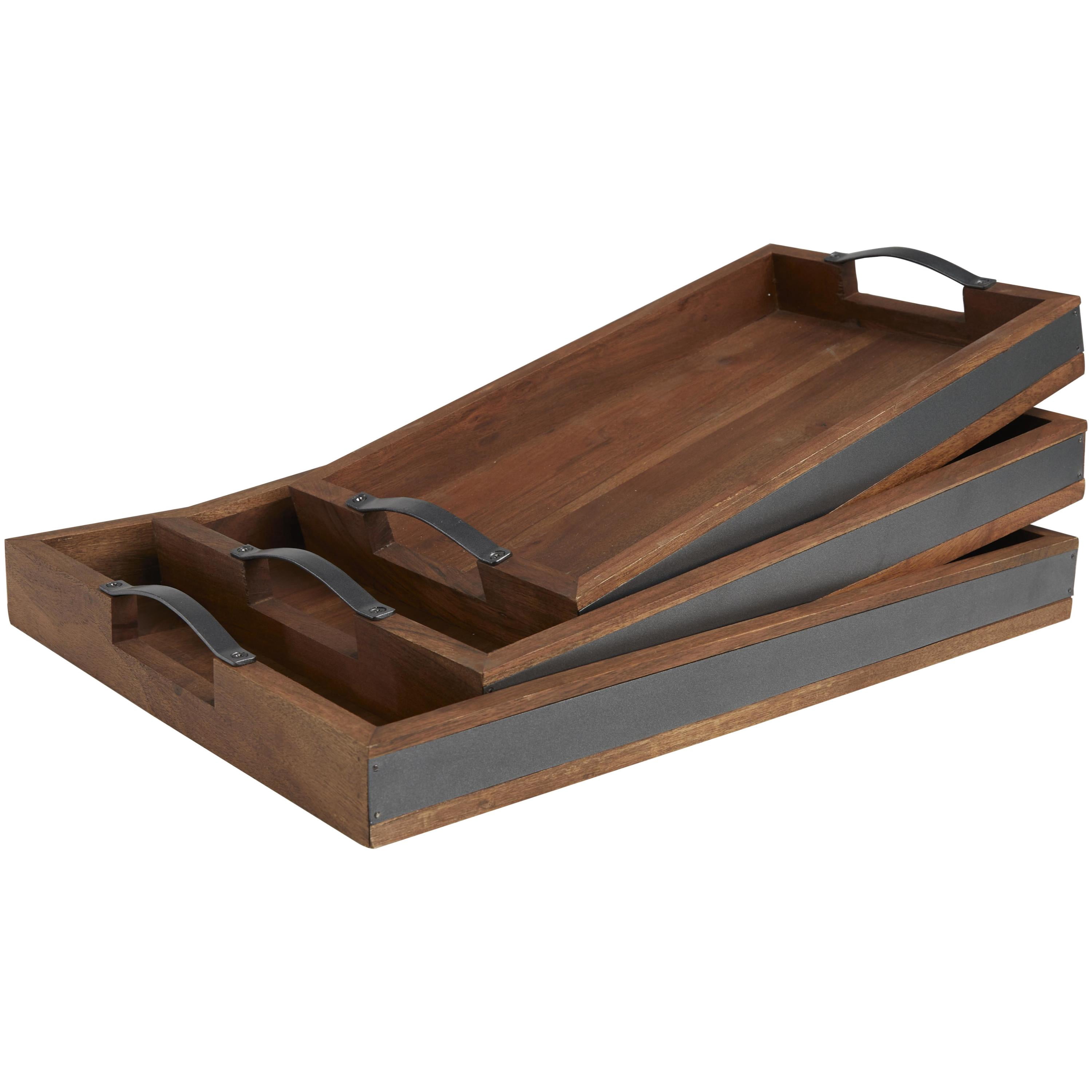 DecMode 18", 20", 16"W Brown Wood  Tray with Black Metal Handles, 3-Pieces