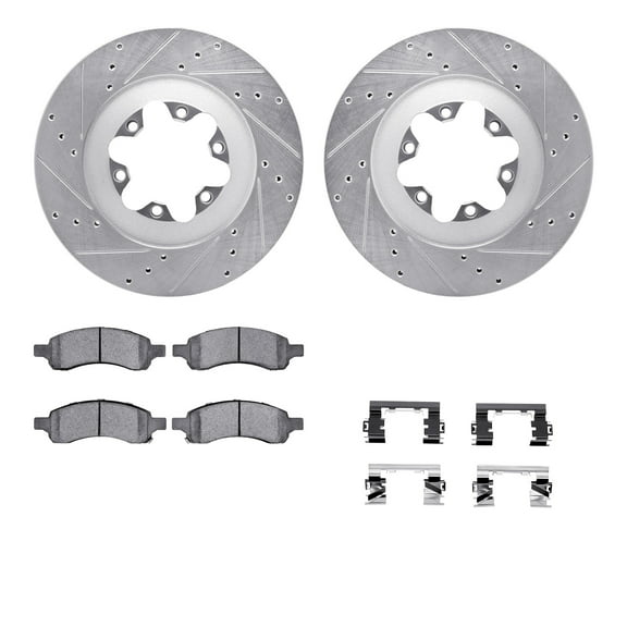 Dynamic Friction Company Front Brake Rotors-Drilled and Slotted-Silver with Ultimate Duty Performance Brake Pads includes Hardware 7412-48042