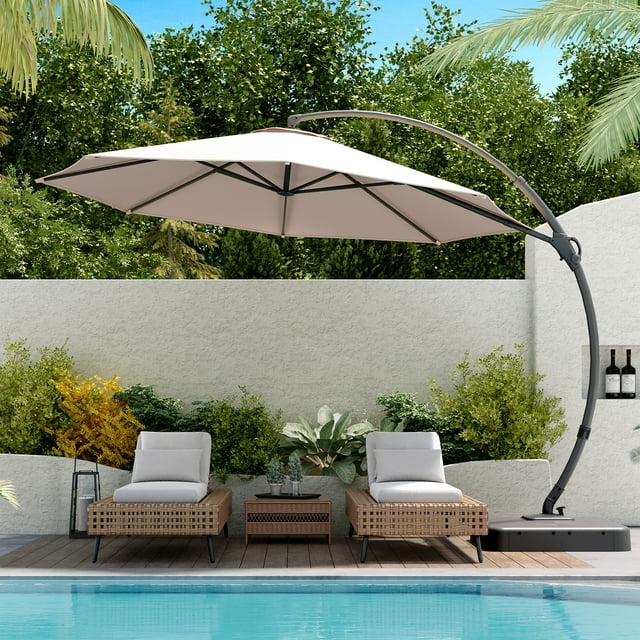 LAUSAINT HOME Parasol de Patio de Luxe 12 Pi avec Base, Grand Parasol Déporté Courbé avec Rotation à 360°, Champagne