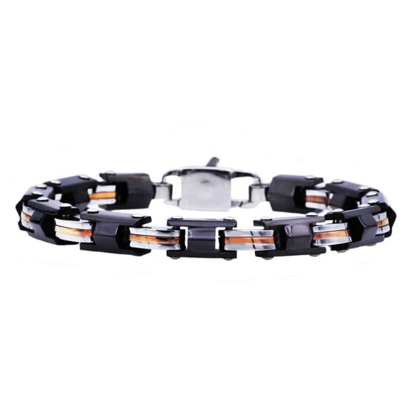 Arista Men's Link Bracelet in Tri Tone Black/White/Pink Plated Stainless Steel, 8.5"