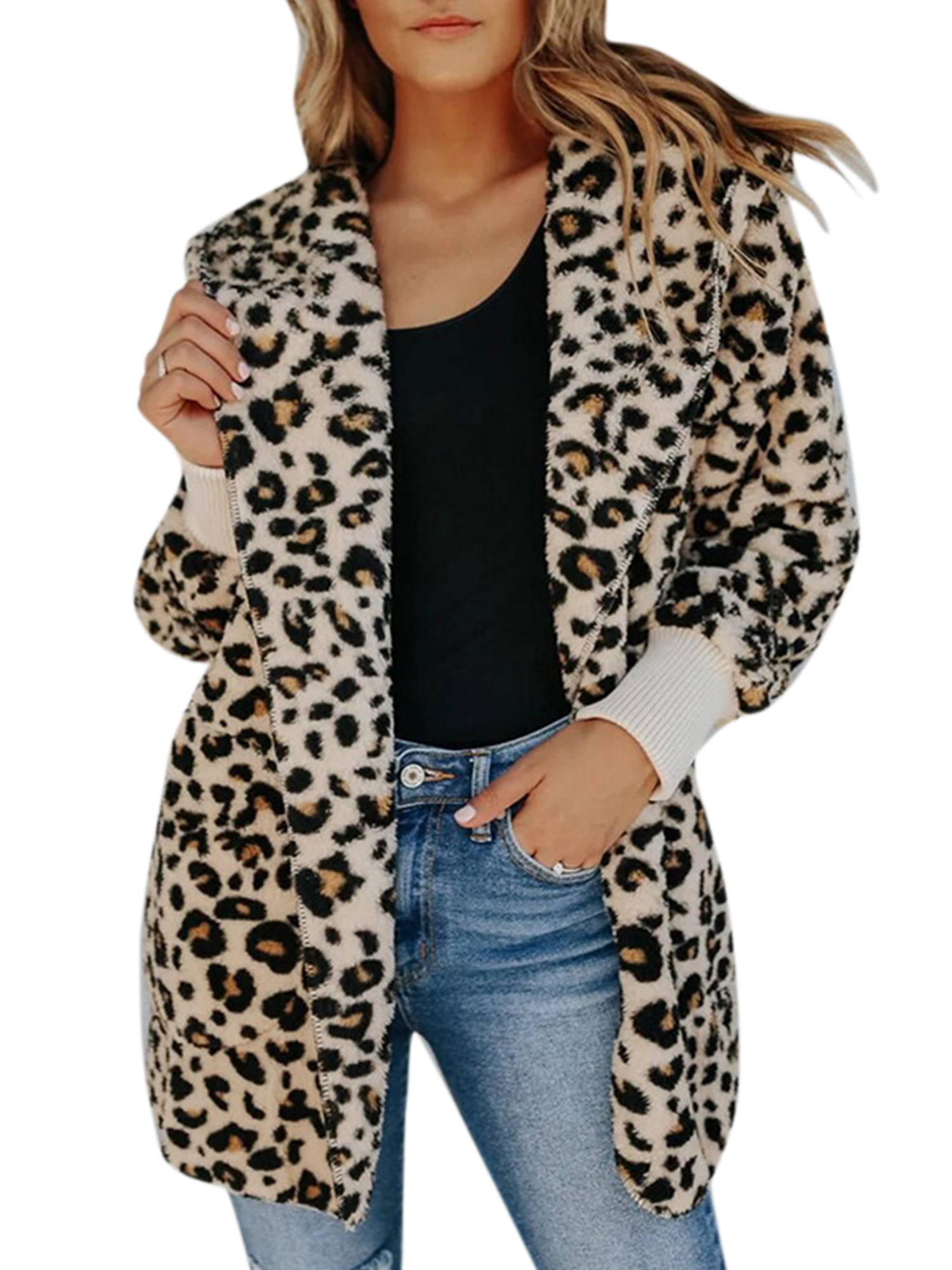 Women Winter Long Sleeve Leopard Print Cardigan Coat Loose Hooded - Walmart.com