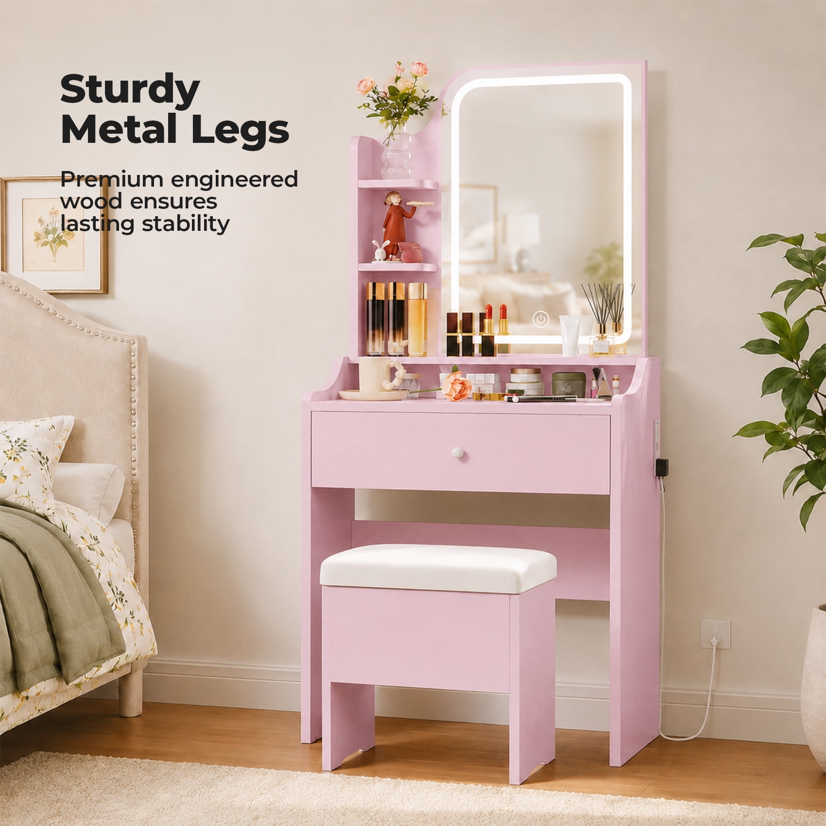 Alvantor Vanity Desk Set With Mirror, Lights, Storage Drawer, And Stool