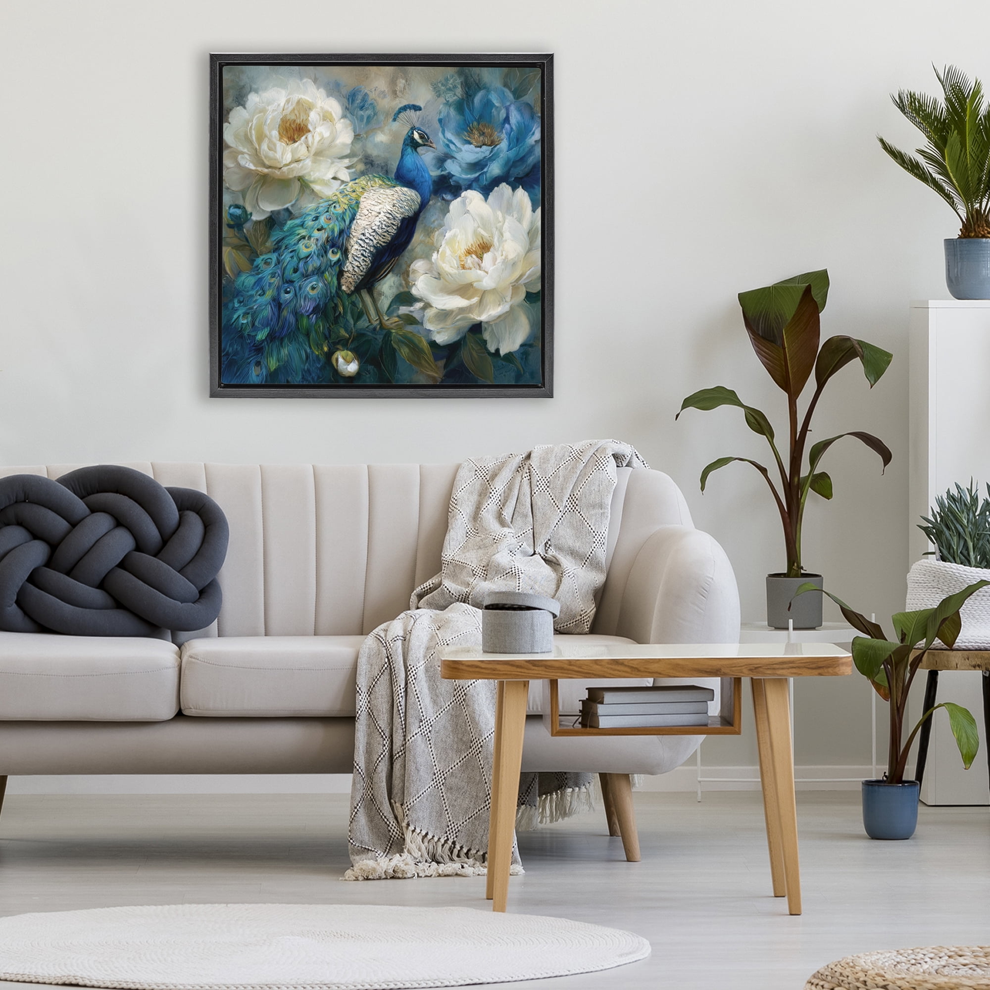 Stupell Industries Pretty Peony Peacock Black Framed Floater Canvas Wall Art, design by Tina LeCour