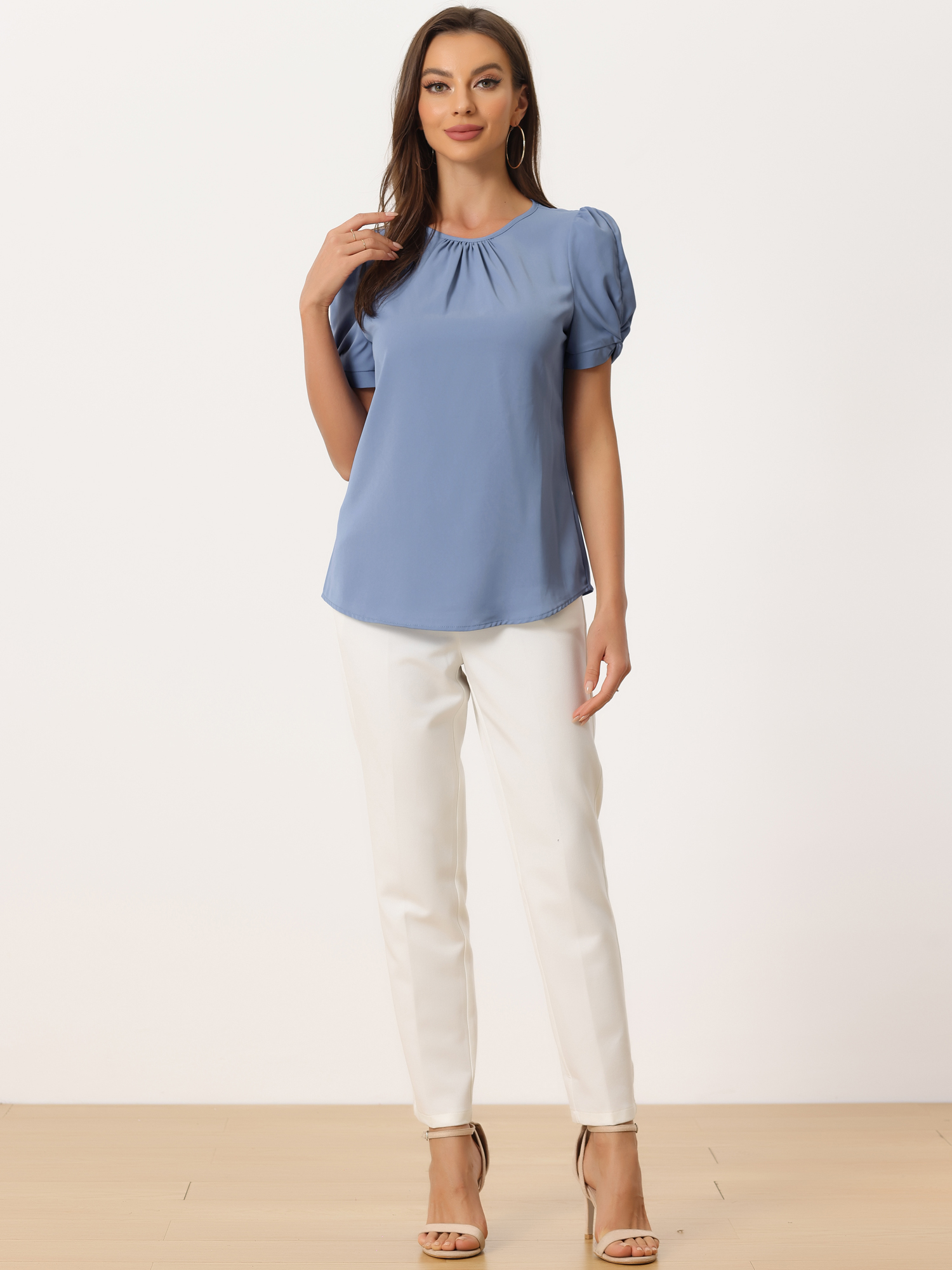 DARING DIVA Women's Ruched Sleeve Blouse Pleated Front Round Neck Tops M Blue Gray