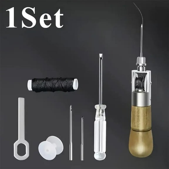 DEXIMRO Leather Sewing Accessories, DIY Craft Leather Sewing Kit with Screwdriver   Sewing Awl Leather Stitch   Cone & Curved Needles, Thread Waxed Built in Spool Tool Set