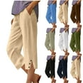 thumbnail image 5 of Linen Capri Pants Women Summer Casual Loose Straight Leg Drawstring Elastic Waist Cropped Pants with Pocket Sky Blue M, 5 of 5