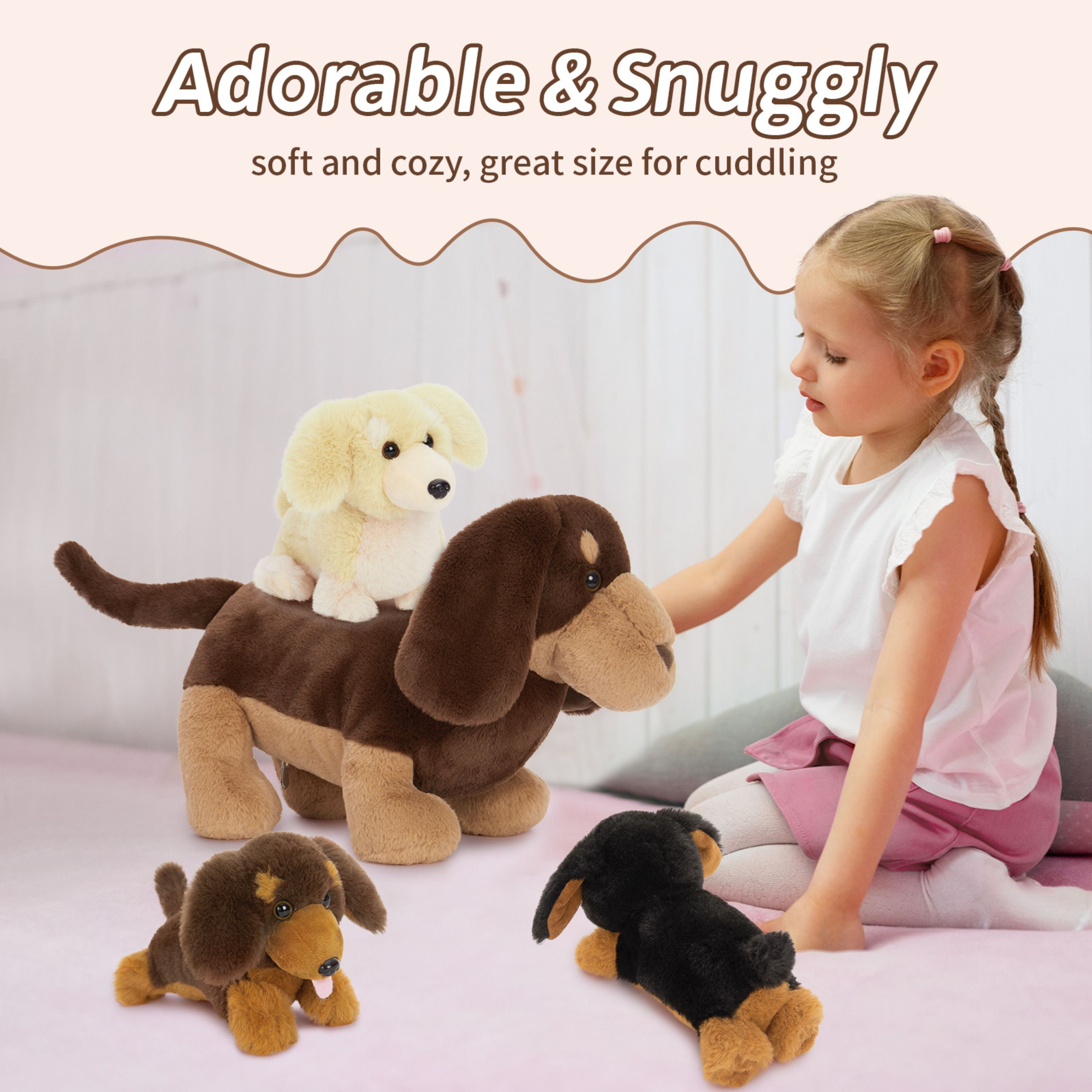 Tezituor 4Pcs Dachshund Stuffed Animal 18'' Mommy Stuffed Weiner Dog with 3 Puppies Plush Toy