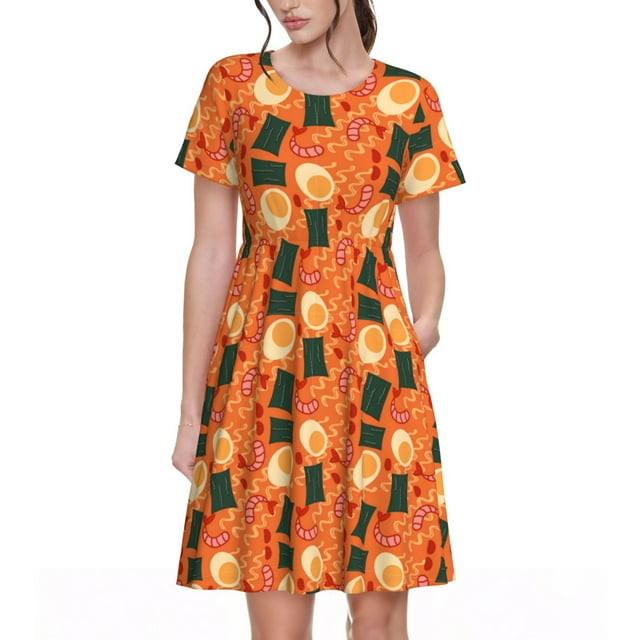 Balery Ramen Noodle Soup Vestidos sueltos de manga corta para mujer, vestidos de verano 2025, vestidos casuales de corte A con vuelo.