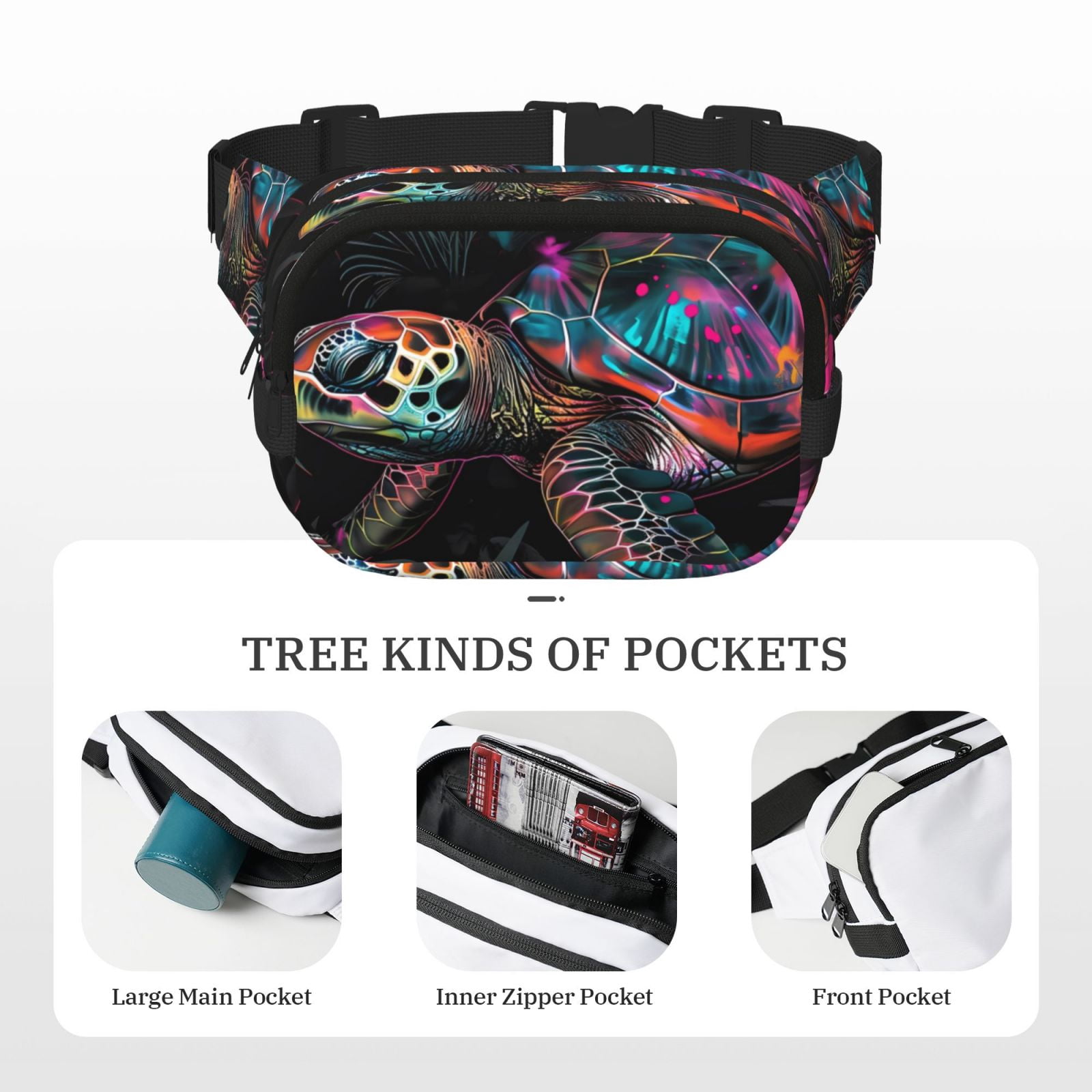 Picia Colorful Plant Turtle A Print Square Double-Layer Waist Bag Mini Adjustable Waist Belt Bag Exercise Running Travel Hiking