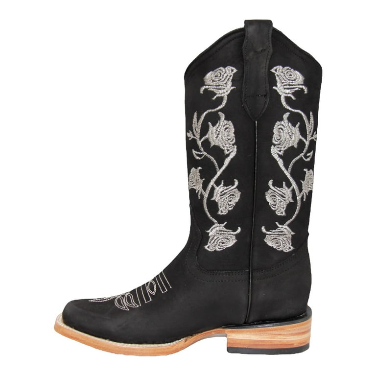 Women's Square Toe Black Western Cowboy Boot Floral Rose