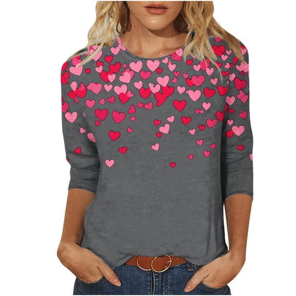 Goodeals Plus Size Valentines Shirts for Women Cute Oversized Heart Print Crewneck Shirts 3/4 Sleeve Funny Graphic Tee Shirt 2025 Fashion Casual Clothes Tops(Dark Gray,L)