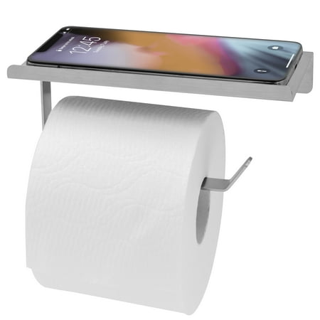 Modern Wall Mount Toilet Paper Holder with Shelf for Cell Phone in Brushed Nickel