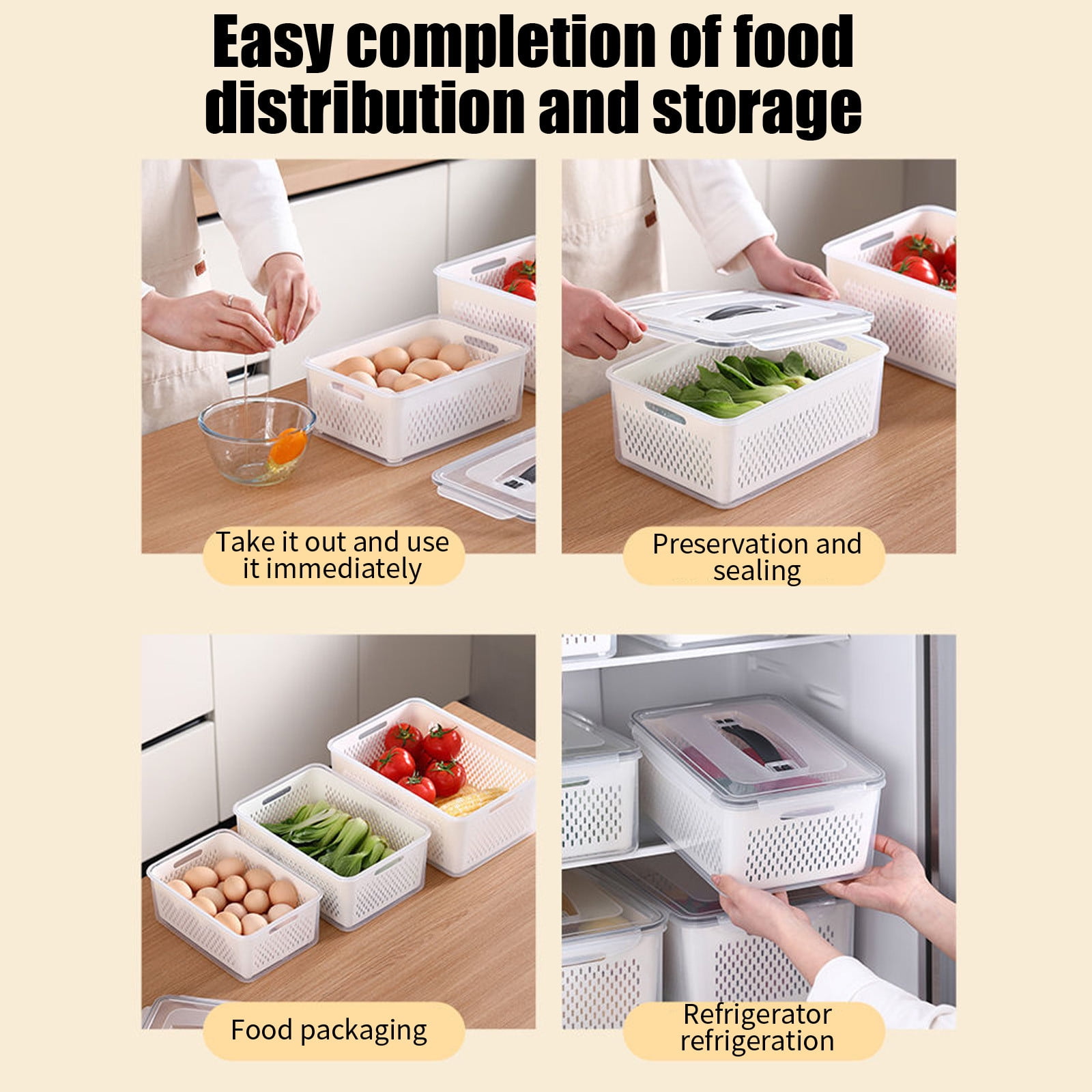 Plastic Fresh Produce Storage Container, White, 12.59x9.05x5.51Inch, Fridge Organizer with Vents for Fruits Vegetables Meat